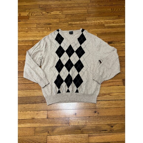 Jos. A. Bank Mens Sweater Sz XL Gray Argyle Grandpa Lambswool V-Neck Pullover - Picture 1 of 5